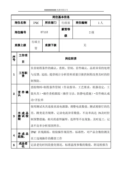 家电公司品管部IPQC岗位职责说明