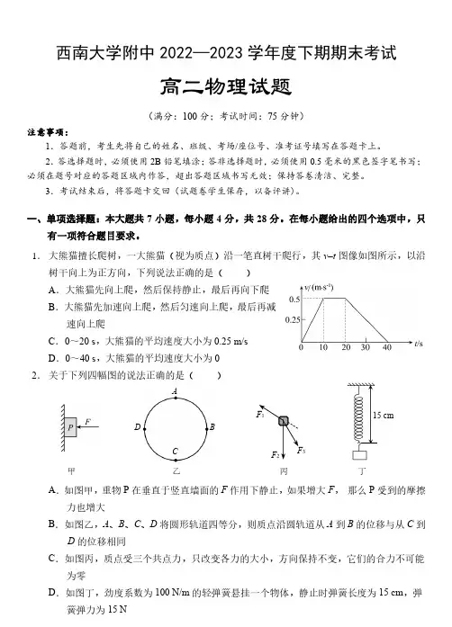 重庆西南大学附属中学高2024届高二下期末考试物理试卷(含答案)