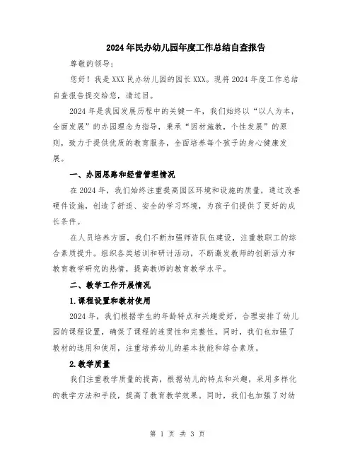 2024年民办幼儿园年度工作总结自查报告