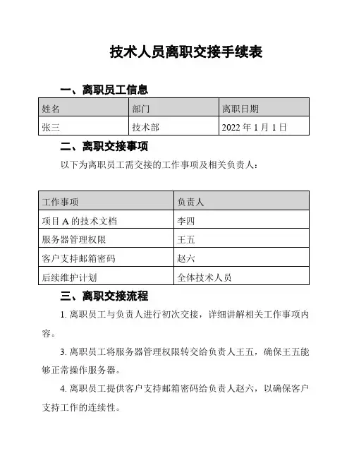 技术人员离职交接手续表