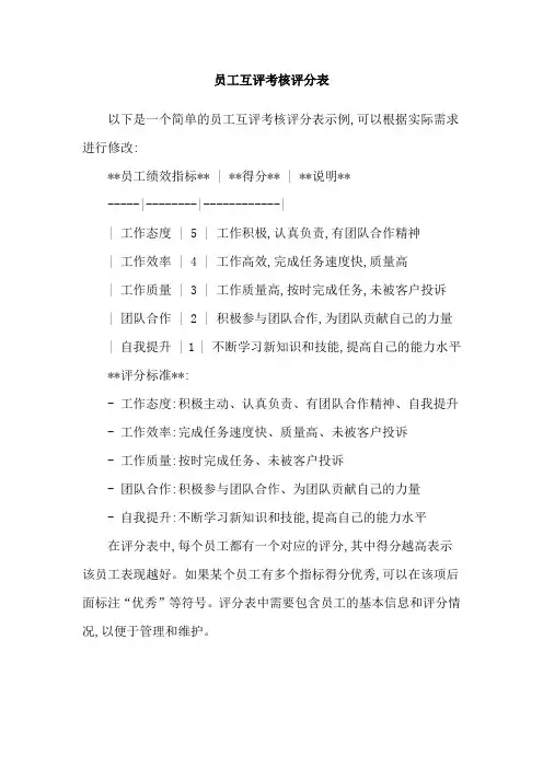 员工互评考核评分表