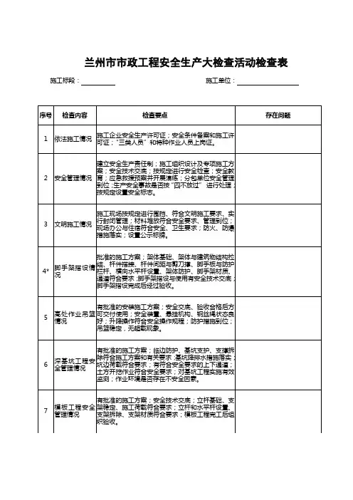 安全大检查施工检查表