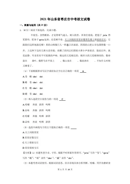 2021年山东省枣庄市中考语文试卷及答案解析