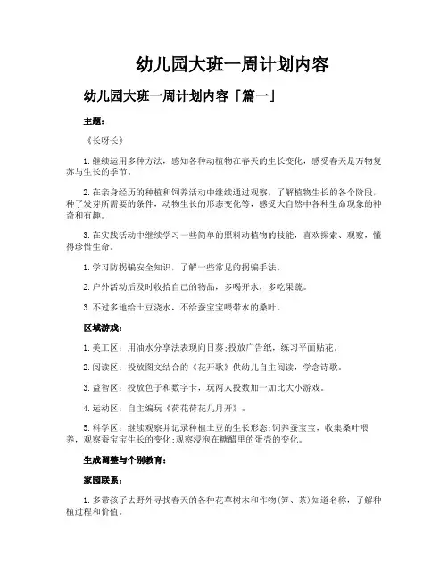 幼儿园大班一周计划内容