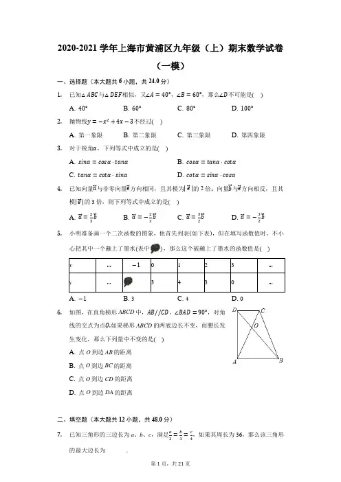 2020-2021学年上海市黄浦区九年级数学试卷(一模)(附答案详解)