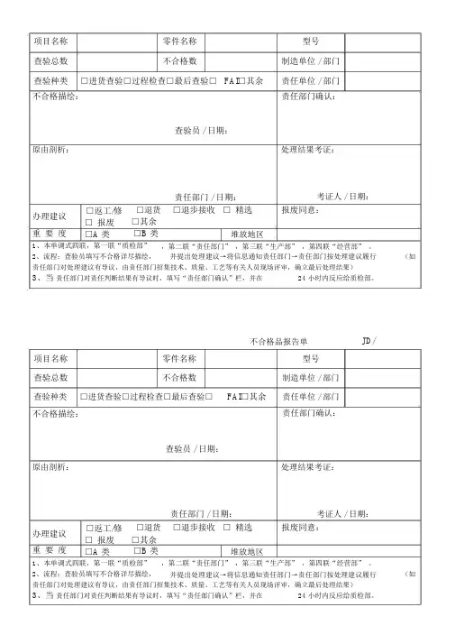 不合格品报告单