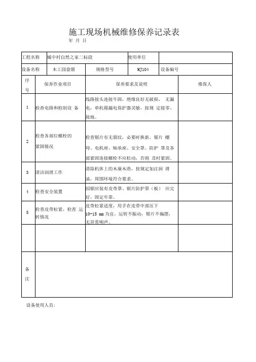 施工现场机械设备维修保养记录表