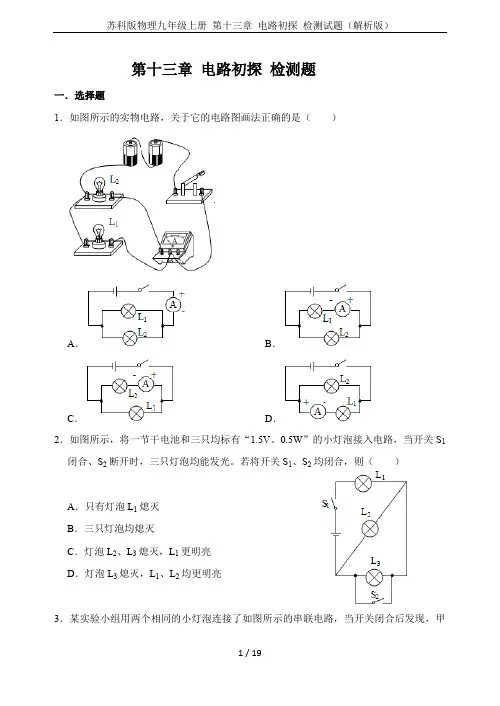 苏科版物理九年级上册 第十三章 电路初探 检测试题(解析版)