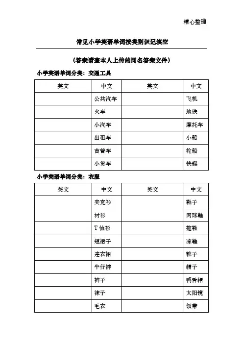 常见小学英语单词按类别识记填空
