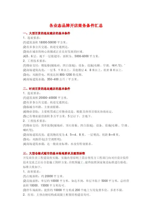 各业态品牌开店商务条件汇总