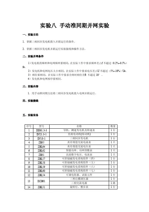 实验一手动准同期并网实验