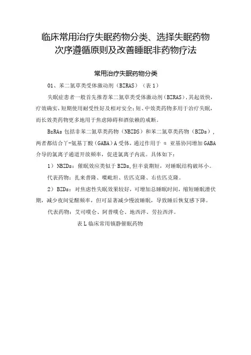 临床常用治疗失眠药物分类、选择失眠药物次序遵循原则及改善睡眠非药物疗法