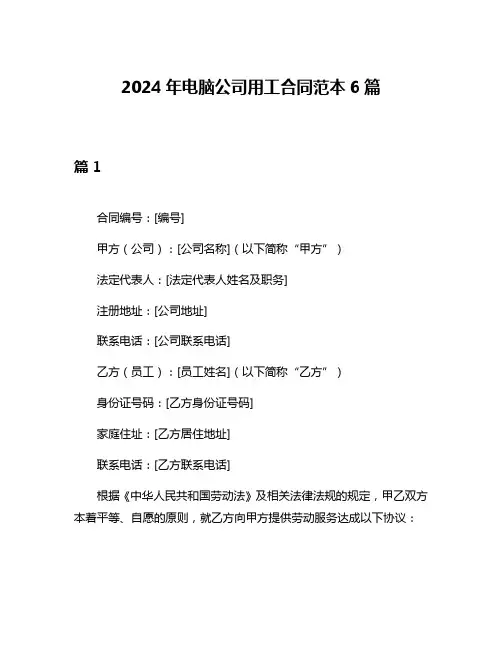 2024年电脑公司用工合同范本6篇