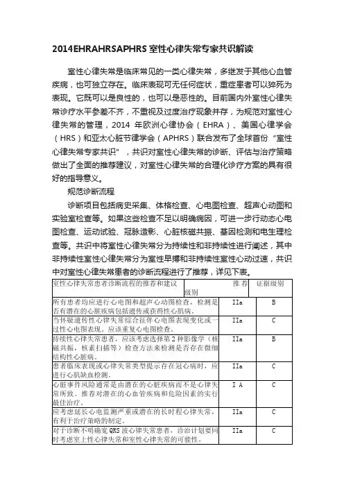 2014EHRAHRSAPHRS室性心律失常专家共识解读