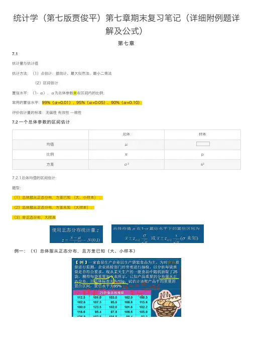 统计学（第七版贾俊平）第七章期末复习笔记（详细附例题详解及公式）