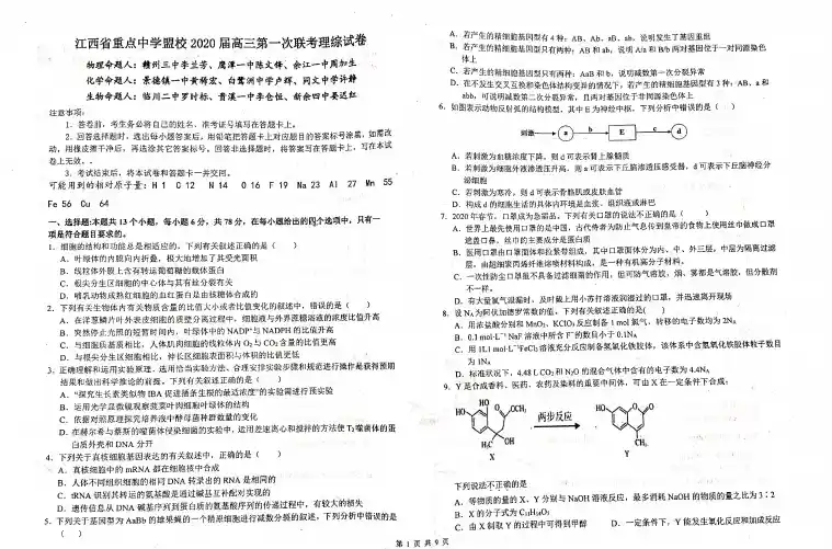 【理综】2020年4月江西省重点中学盟校2020届高三下学期第一次联考理综试题及参考答案