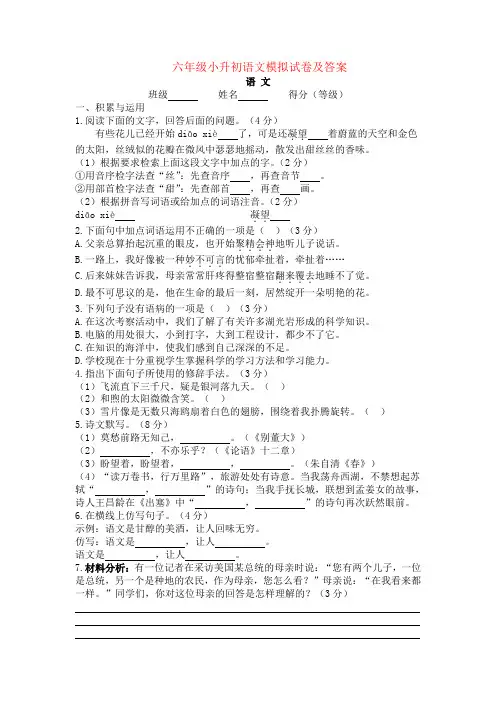 六年级小升初语文模拟试卷及答案word
