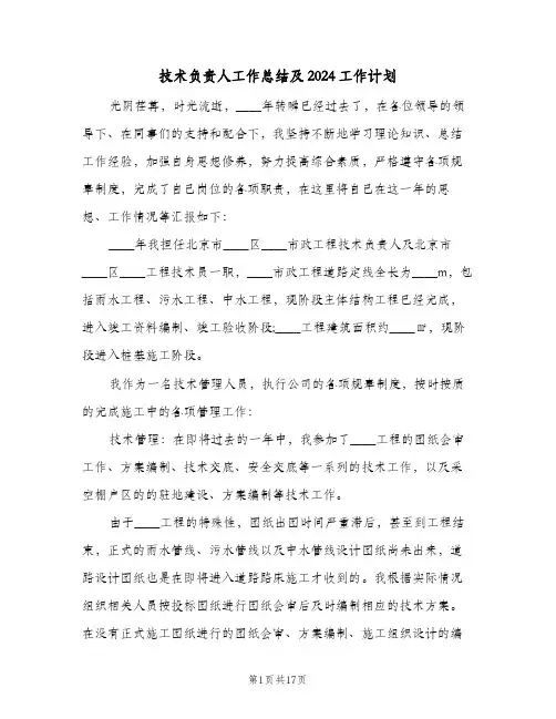 技术负责人工作总结及2024工作计划(5篇)