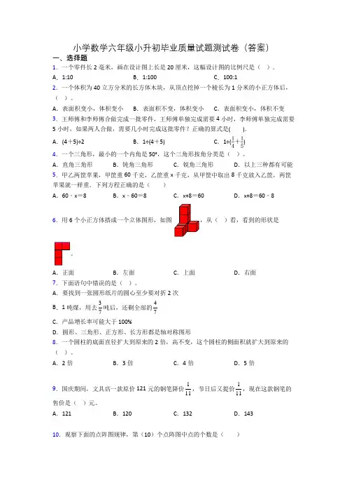 小学数学六年级小升初毕业质量试题测试卷(答案)