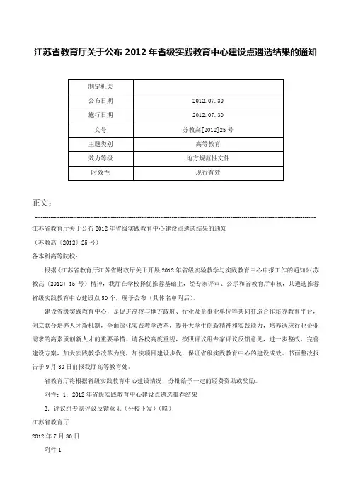 江苏省教育厅关于公布2012年省级实践教育中心建设点遴选结果的通知-苏教高[2012]25号