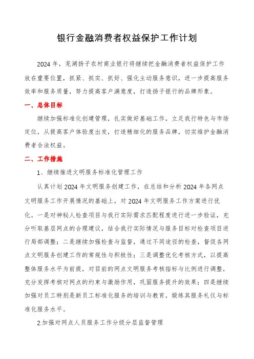 银行金融消费者权益保护工作计划