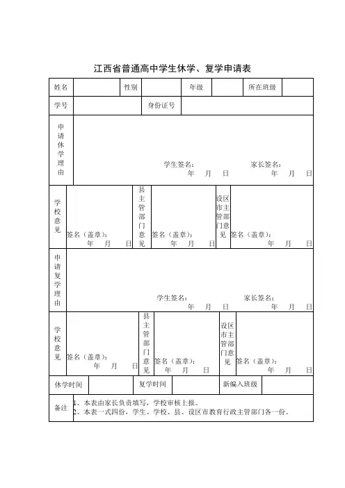 江西省普通高中学生休学、复学申请表