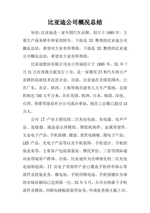比亚迪公司概况总结