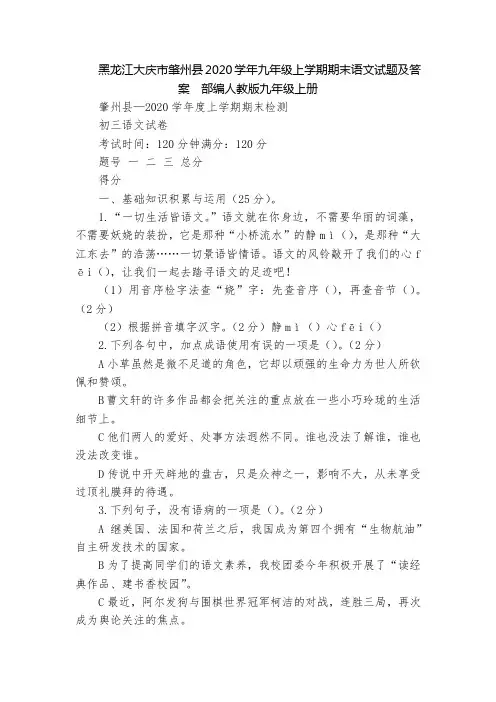 黑龙江大庆市肇州县2020学年九年级上学期期末语文试题及答案  部编人教版九年级上册