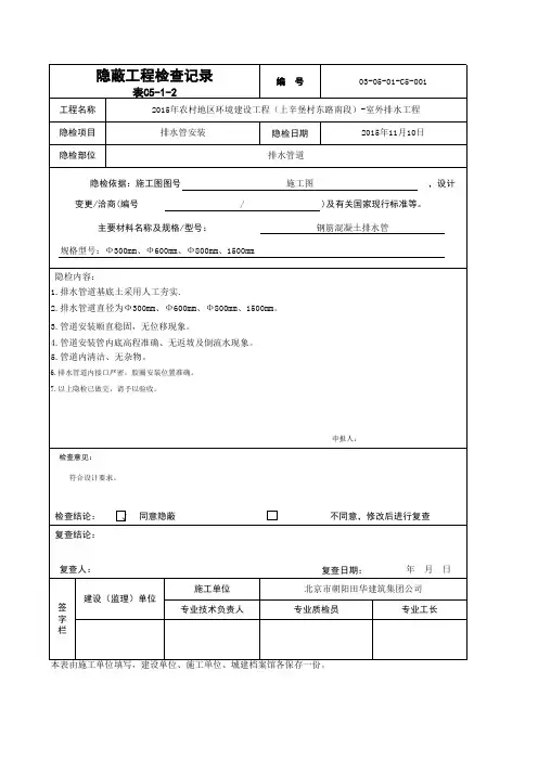 市政道路及排水(排水管安装)隐蔽工程检查记录1