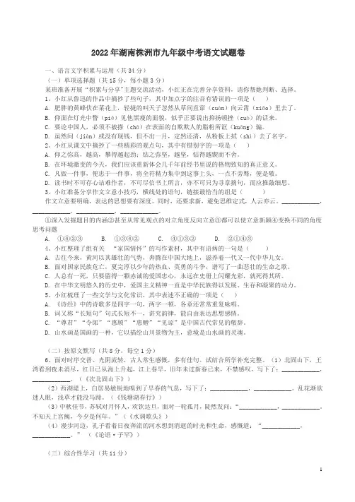 2022年湖南株洲市九年级中考语文试题卷附答案解析