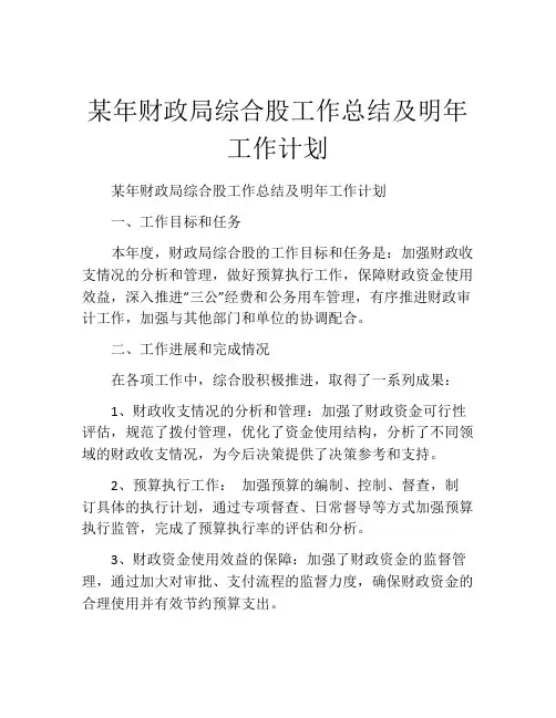 某年财政局综合股工作总结及明年工作计划