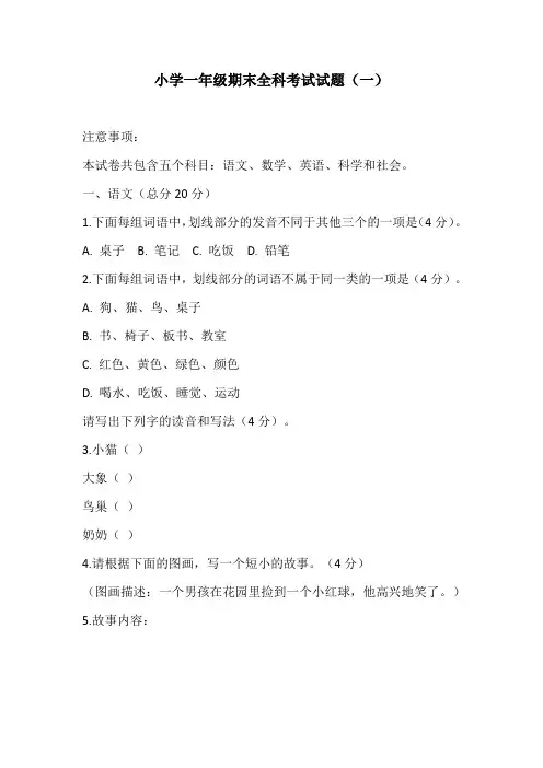 小学一年级期末全科考试试题3套