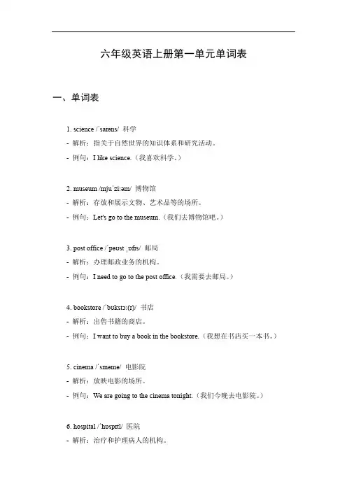 六年级英语上册第一单元单词