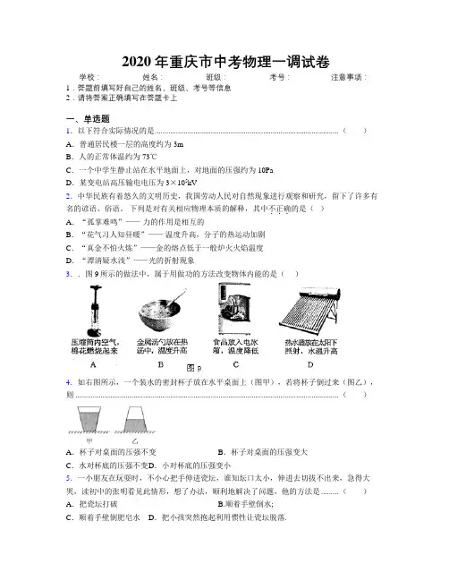 2020年重庆市中考物理一调试卷附解析