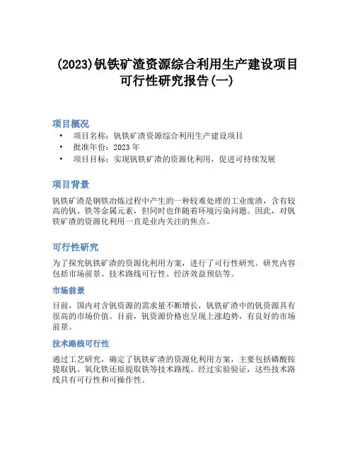 (2023)钒铁矿渣资源综合利用生产建设项目可行性研究报告(一)