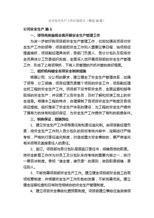公司安全生产工作计划范文（精选16篇）
