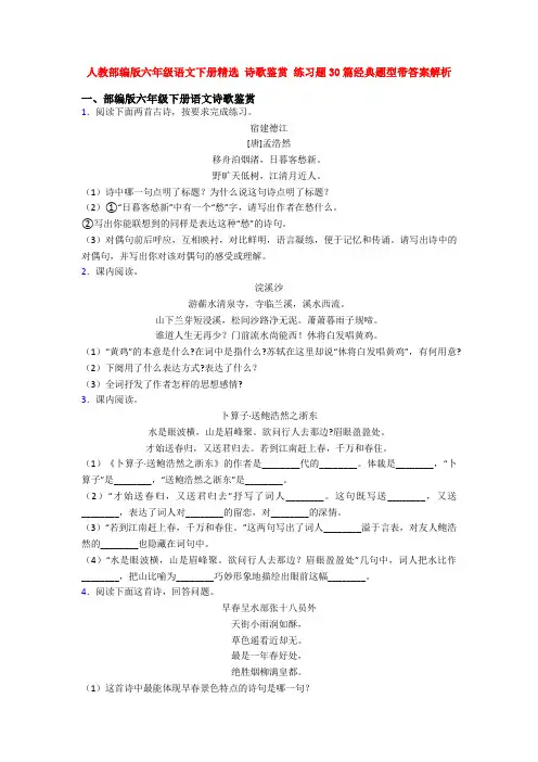 人教部编版六年级语文下册精选 诗歌鉴赏 练习题30篇经典题型带答案解析