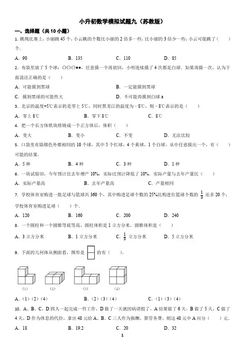 09小升初数学模拟试题九(苏教版)(含答案)