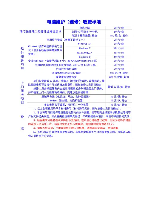 电脑维修收费价表