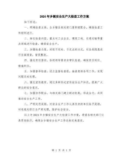 2024年乡镇安全生产大检查工作方案