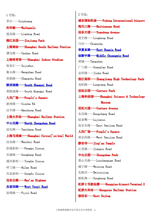 上海地铁线路车站中英文名字对照表