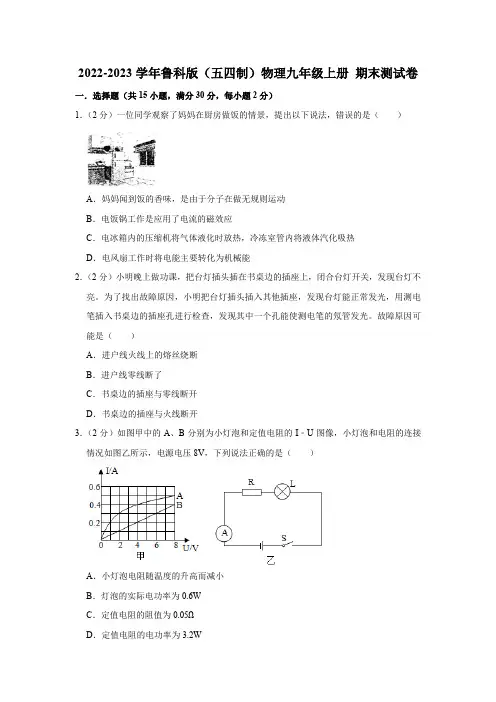2022-2023学年鲁科版(五四制)物理九年级上册 期末测试卷(含答案)