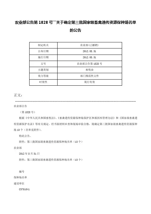 农业部公告第1828号――关于确定第三批国家级畜禽遗传资源保种场名单的公告-农业部公告第1828号