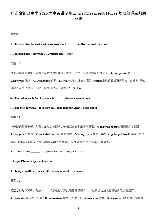 广东省部分中学2023高中英语必修三Unit3DiverseCultures基础知识点归纳总结