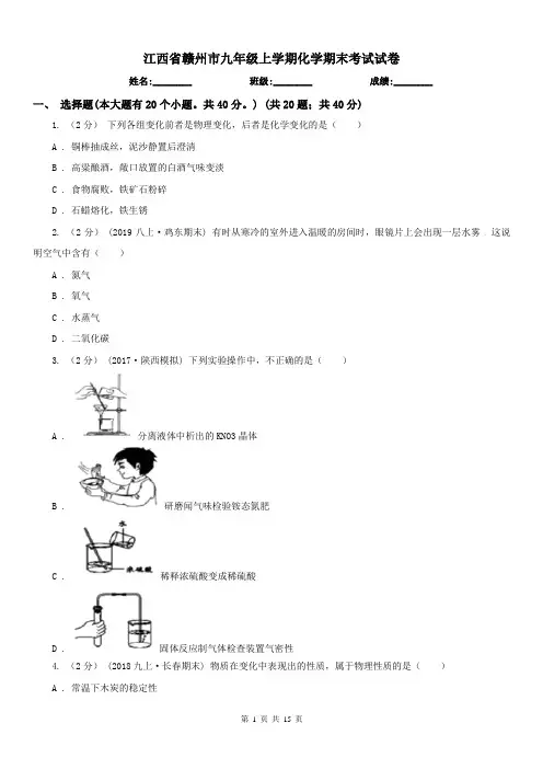 江西省赣州市九年级上学期化学期末考试试卷