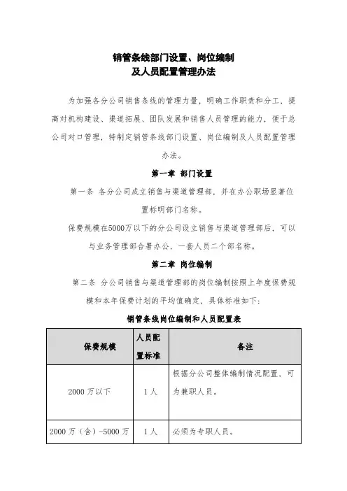 财产保险公司销管条线部门设置、岗位编制