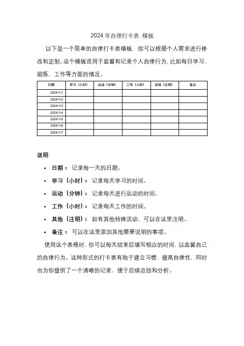 2024年自律打卡表 模板