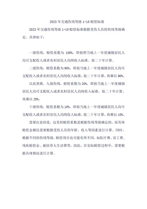 2023年交通伤残等级1-10赔偿标准