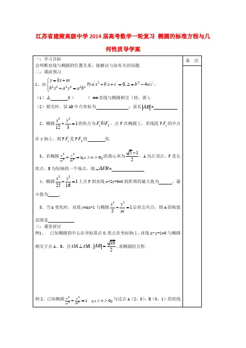 高考数学一轮复习 椭圆的标准方程与几何性质导学案