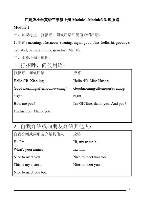 广州版小学英语三年级上册Module1-Module3知识脉络(免费)